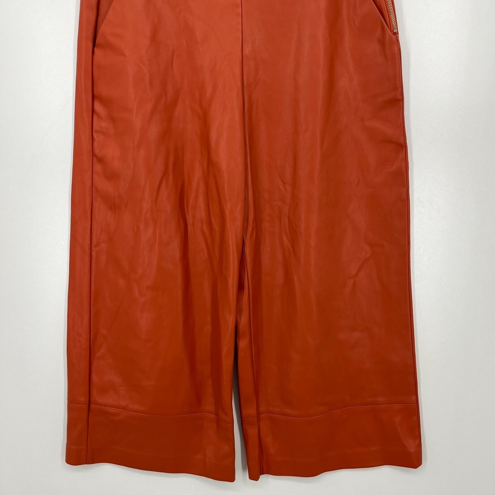 Zara Trafaluc Faux‎ Leather Pants Women's M Orange Side Zip Biker Wide Leg Crop - Picture 3 of 8